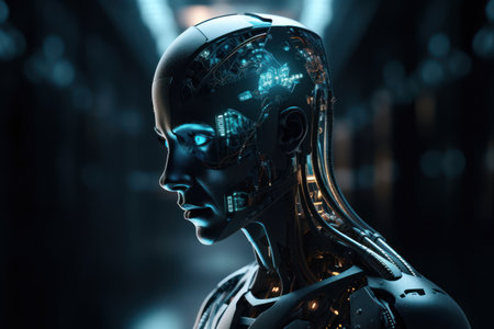 3D rendering of a female robot or cyborg on dark backgroundの素材