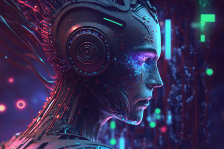 Cyborg woman with futuristic circuit board background. 3D Renderingの素材