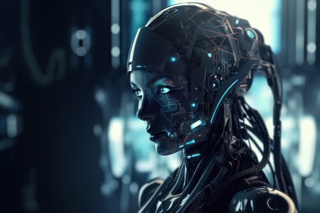 Cyborg woman cyborg portrait with binary code. 3d renderingの素材