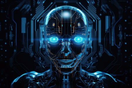 3d rendering cyborg with circuit board on dark background, artificial intelligence conceptの素材