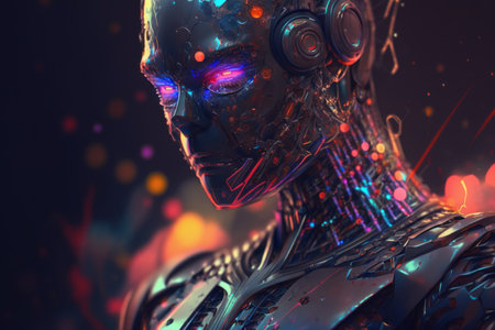 3d rendering of female robot with colorful lights on background. Futuristic conceptの素材