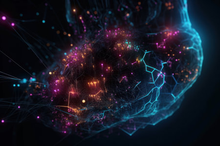 3D illustration of human brain with glowing dots and lines on dark backgroundの素材