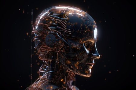 3D rendering of a female robot with circuit board on black backgroundの素材
