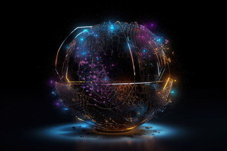 Glowing wireframe sphere with particles on black background. 3D renderingの素材