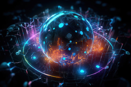 3D rendering of abstract technology concept with circuit board and glowing planetの素材
