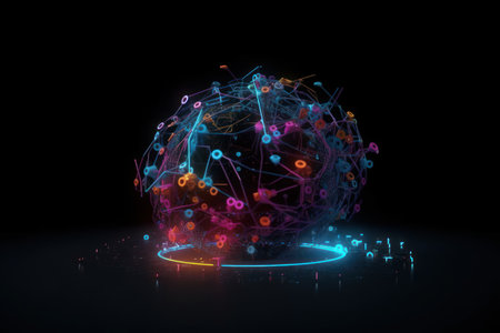 Glowing sphere with glowing particles on dark background. 3D renderingの素材