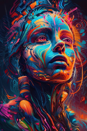Portrait of a beautiful woman with bright make-up. Computer generated 3D photo rendering.の素材