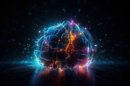 3d rendering of human brain on dark background with glowing connection linesの素材