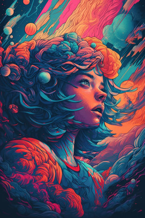 Beautiful girl with curly hair. Colorful fantasy illustration for your design.の素材