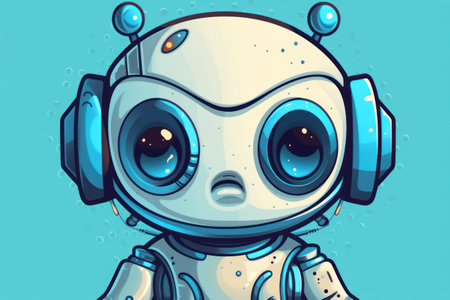 Cute cartoon little robot with headphones on blue background. vector illustration.の素材