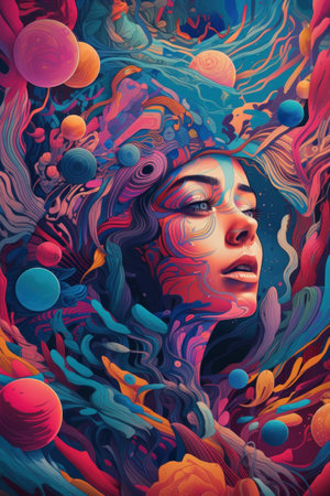 Fantasy illustration of a woman surrounded by colorful abstract space and planets.の素材