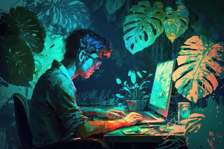 Young man working on computer at night in the light of the jungleの素材