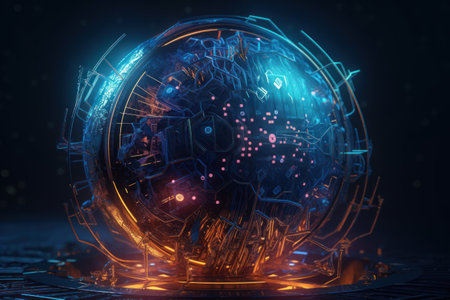 3D rendering of abstract technology concept. Futuristic globe with glowing lights.の素材