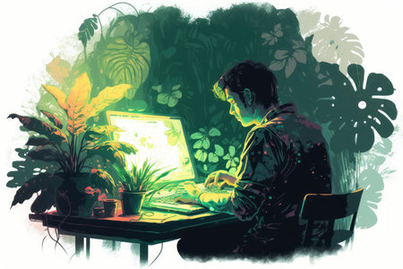 Illustration of a young man working on a laptop in the gardenの素材