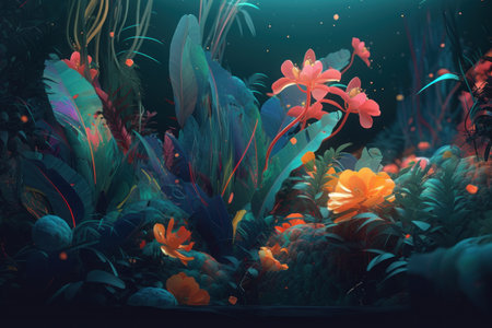 3d illustration of fantasy world with tropical plants and flowers in neon lightの素材