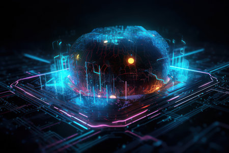 3D rendering of abstract cyber globe on circuit board background. technology conceptの素材