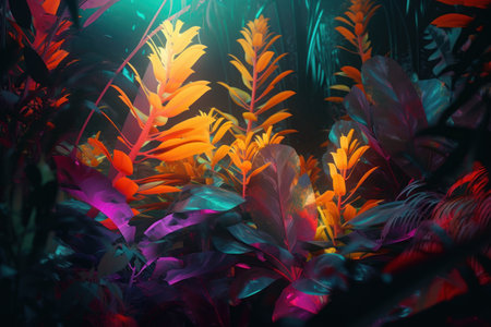 Beautiful tropical leaves in neon light. Colorful leaves background.の素材