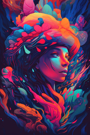 Beautiful young woman in a hat with abstract colorful background. vector illustration.の素材