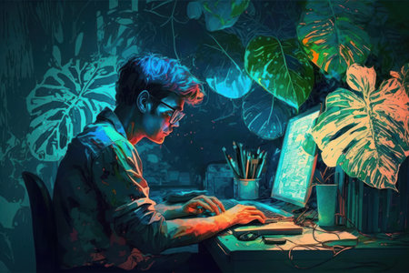Digital painting of a young man working on a computer at home.の素材