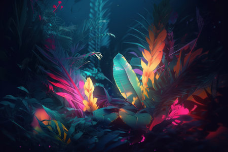 Colorful tropical leaves in neon light on dark background. 3d renderingの素材
