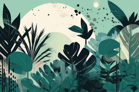 Tropical background with palm and monstera leaves. vector illustration.の素材