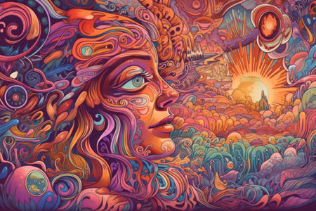 mystical geometry. The face of a beautiful woman with long wavy hair. vector illustration.の素材