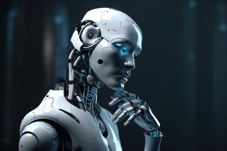 3d rendering humanoid robot with hand on chin in dark space backgroundの素材