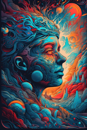 mystical man face. Colorful illustration for spiritual design.の素材