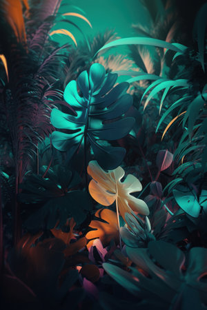 Tropical palm leaves and monstera in neon light. 3d renderingの素材