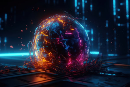 3d rendering of cyber globe with glowing particles and lines on dark backgroundの素材