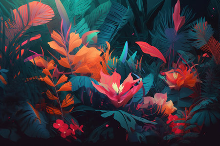 Tropical background with palm leaves and exotic flowers. vector illustration.の素材