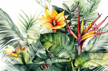 Tropical leaves and flowers. watercolor illustration. hand drawn.の素材