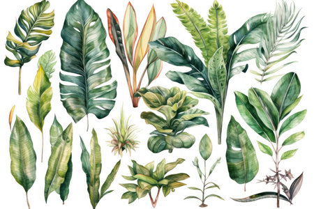 Watercolor set of tropical leaves. Hand drawn illustration isolated on white backgroundの素材