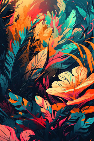 Tropical background with palm leaves and flowers. vector illustration.の素材