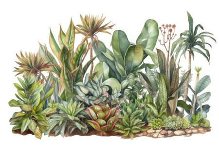 Hand drawn watercolor illustration of succulents and cactiの素材
