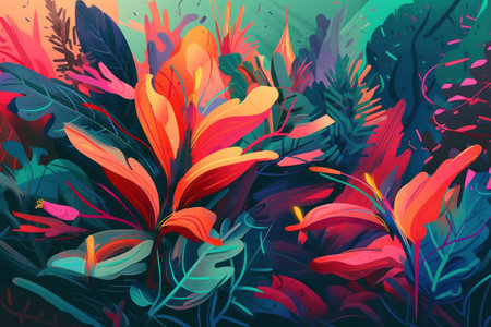 Tropical background with exotic flowers and plants. vector illustration.の素材