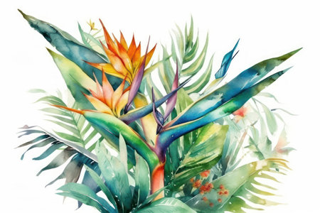 Watercolor Strelitzia reginae tropical flower. hand drawn illustrationの素材
