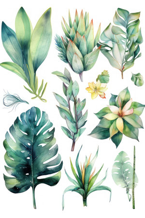 Watercolor set of tropical leaves and flowers. hand drawn illustration.の素材