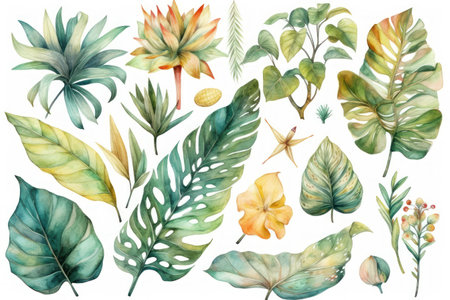 Watercolor set of tropical leaves isolated on white background. hand drawn illustrationの素材