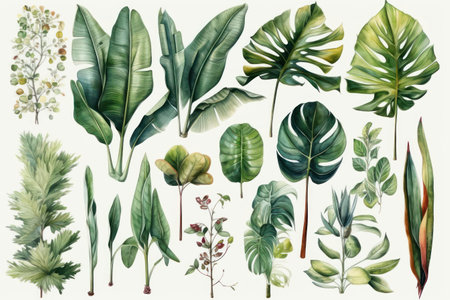 Watercolor illustration of tropical leaves. hand drawn botanical illustration.の素材