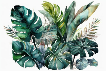 tropical leaves. Watercolor hand drawn illustration on white backgroundの素材