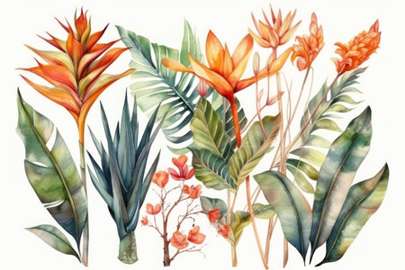 Watercolor illustration of tropical plants. hand drawn botanical illustration.の素材