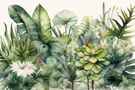 Watercolor illustration of tropical plants. Hand drawn watercolor illustration.の素材