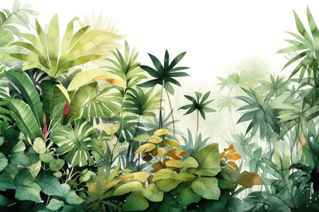 Watercolor illustration of tropical plants and flowers in the garden. digital painting.の素材