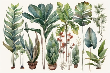 Watercolor illustration of tropical plants. hand drawn botanical illustration.の素材