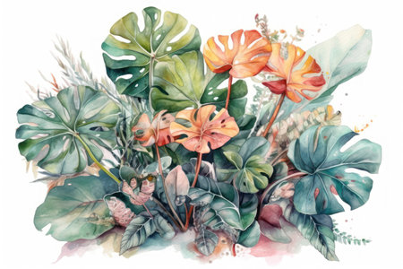 Watercolor illustration of tropical plants and flowers. Hand drawn watercolor floral background.の素材