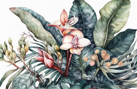 Watercolor illustration of tropical leaves and flowers. hand drawn botanical illustration.の素材