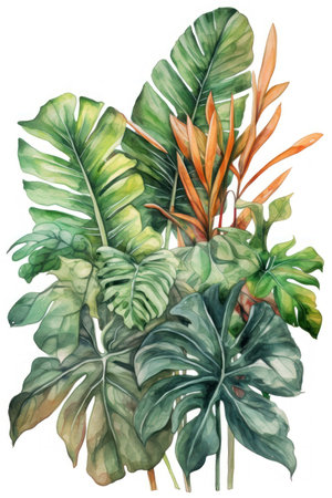 Watercolor tropical monstera leaves. hand painted illustration on white backgroundの素材