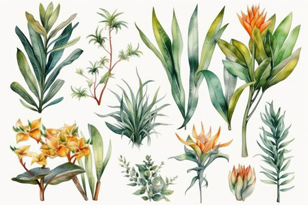 Set of watercolor tropical flowers and plants. hand drawn illustration.の素材