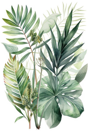 Watercolor tropical bouquet with monstera leaves and palm branches. Hand painted illustration isolated on white backgroundの素材